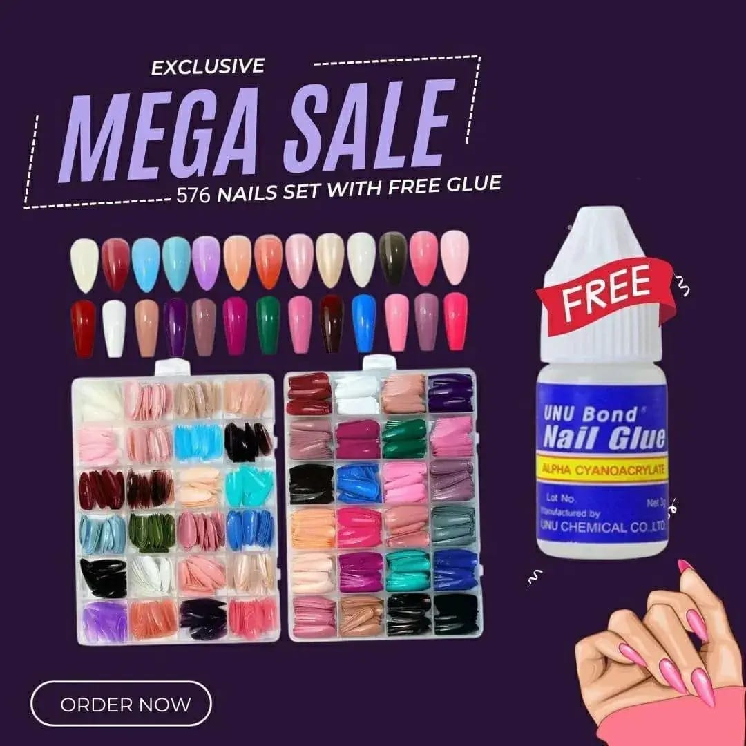 576 Pcs Multicolor Stick-On Artificial Nails Box with Free Glue